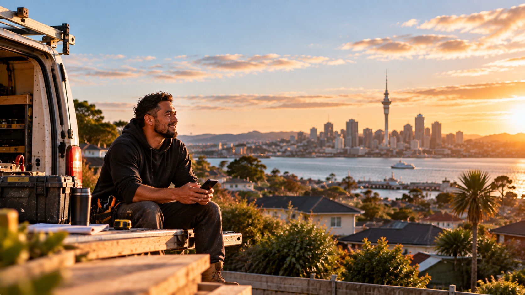 Auckland tradesperson overlooking the city at sunset